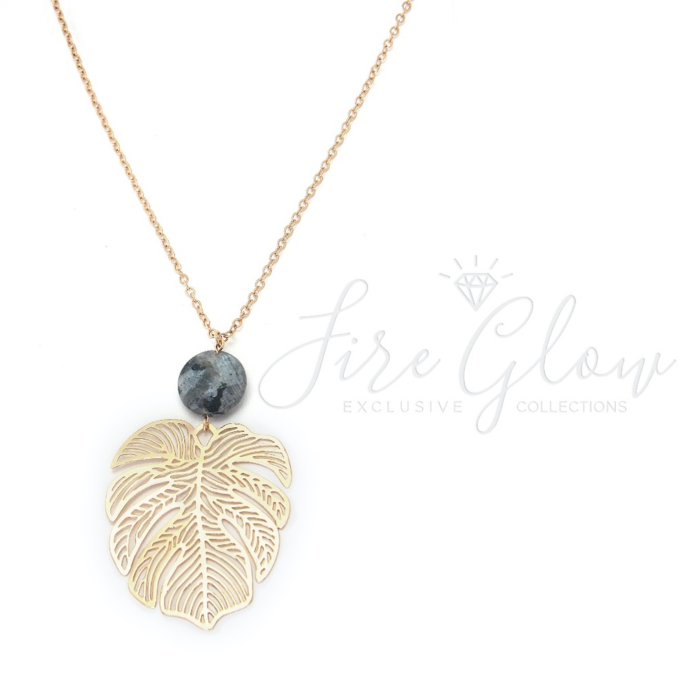 Gold Leaf Pendent / Natural Stone Long Necklace